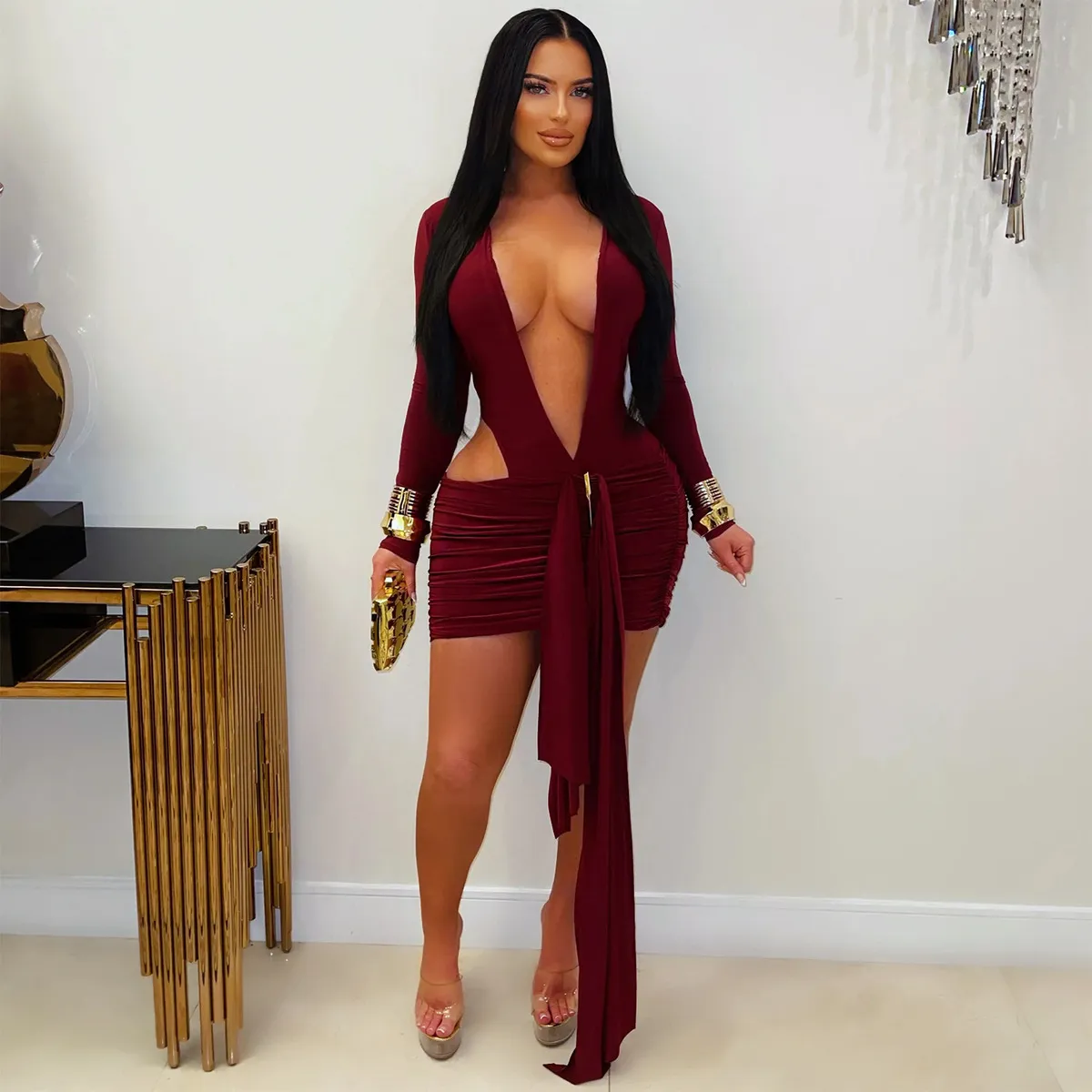 Fashion Women Sexy V-Neck Solid Color Strap Mini Dress
