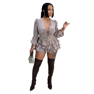 Fashion Women Solid Color Lace-Up Long Sleeve Ruffled Dress