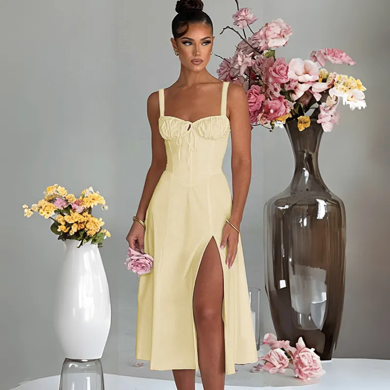 Spring And Summer Women'S Fashion Solid Color Side Split Midi A- Line Dress