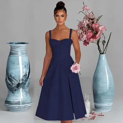 Spring And Summer Women'S Fashion Solid Color Side Split Midi A- Line Dress
