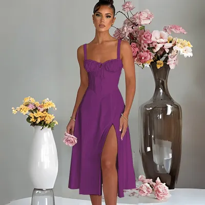 Spring And Summer Women'S Fashion Solid Color Side Split Midi A- Line Dress