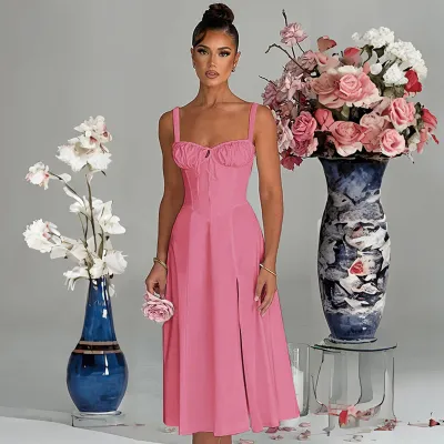 Spring And Summer Women'S Fashion Solid Color Side Split Midi A- Line Dress