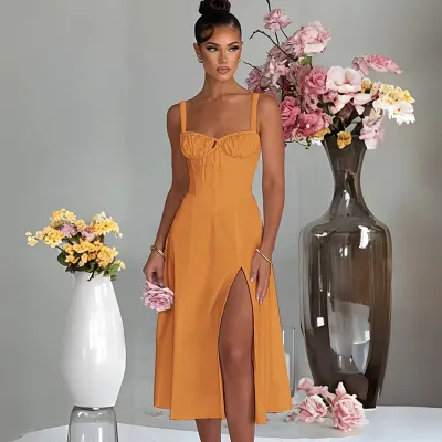Spring And Summer Women'S Fashion Solid Color Side Split Midi A- Line Dress