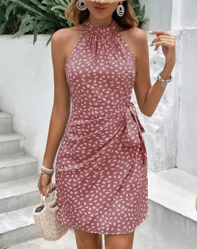 Summer Women Casual Fashion Hanging Neck Tiny Flower Print Dress