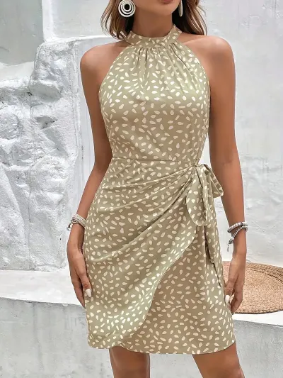 Summer Women Casual Fashion Hanging Neck Tiny Flower Print Dress