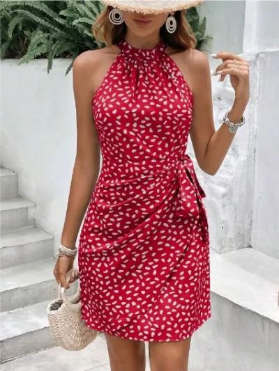 Summer Women Casual Fashion Hanging Neck Tiny Flower Print Dress