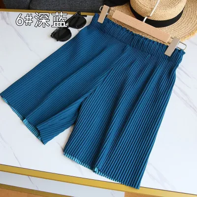 Women Fashion Casual Summer Solid Color Pleated High Waist Wide-Leg Shorts