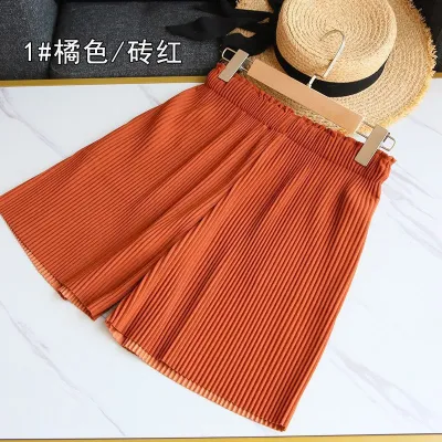 Women Fashion Casual Summer Solid Color Pleated High Waist Wide-Leg Shorts