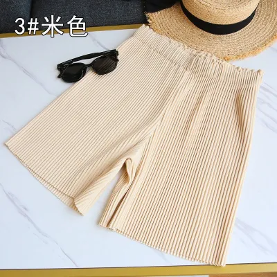 Women Fashion Casual Summer Solid Color Pleated High Waist Wide-Leg Shorts