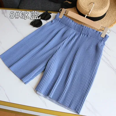 Women Fashion Casual Summer Solid Color Pleated High Waist Wide-Leg Shorts