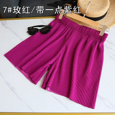 Women Fashion Casual Summer Solid Color Pleated High Waist Wide-Leg Shorts