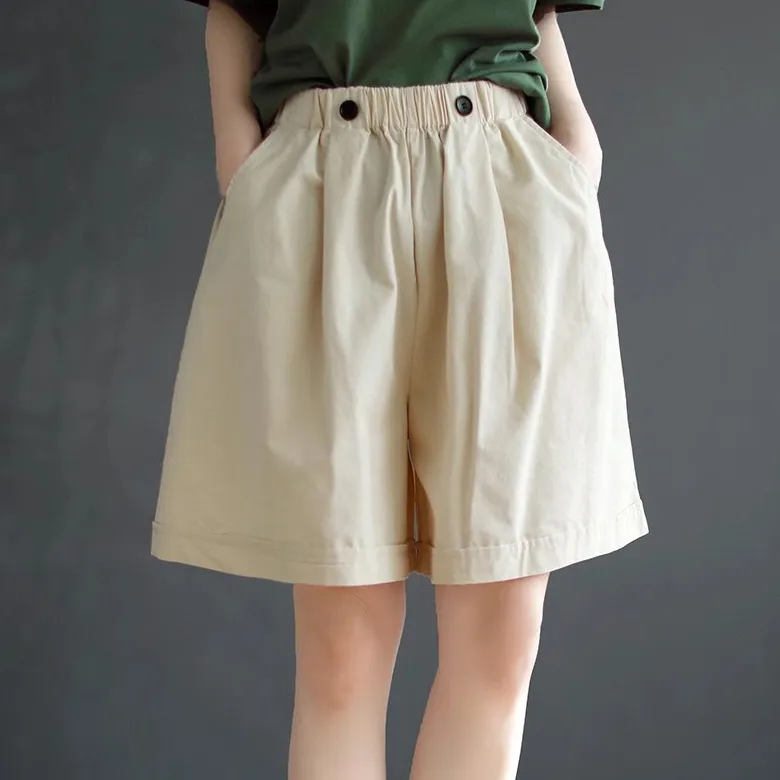 Women Fashion Casual Summer Solid Color Cotton Wide-Leg Shorts