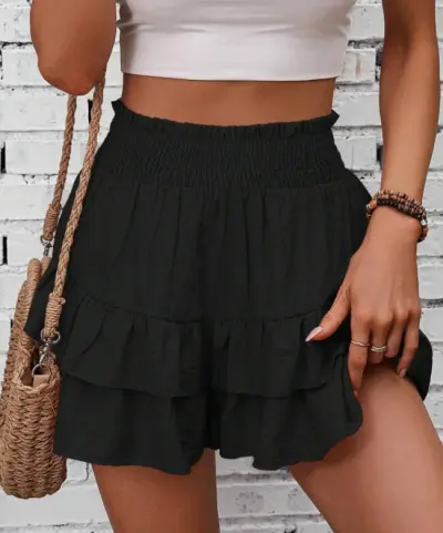 Vacation Women Fashion Casual Summer Solid Color Wide Leg Ruffled Shorts