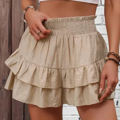 Vacation Women Fashion Casual Summer Solid Color Wide Leg Ruffled Shorts