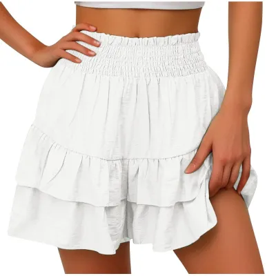 Vacation Women Fashion Casual Summer Solid Color Wide Leg Ruffled Shorts