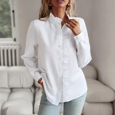 Women Fashion Casual Spring Stripe Ruffled Long Sleeve Loose Blouse