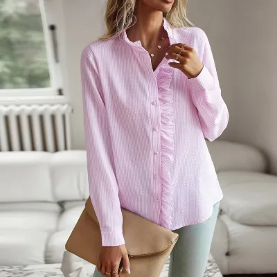 Women Fashion Casual Spring Stripe Ruffled Long Sleeve Loose Blouse
