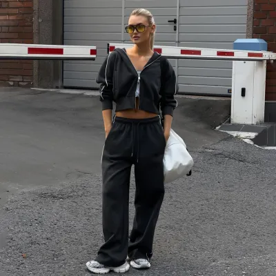 Women Fashion Casual Stripe Contrast Double-Head Zipper Long-Sleeve Jacket Loose Pants Two-Piece Set