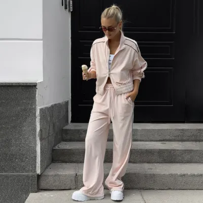 Women Fashion Casual Stripe Contrast Double-Head Zipper Long-Sleeve Jacket Loose Pants Two-Piece Set