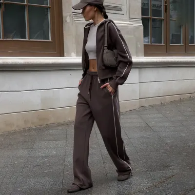 Women Fashion Casual Stripe Contrast Double-Head Zipper Long-Sleeve Jacket Loose Pants Two-Piece Set