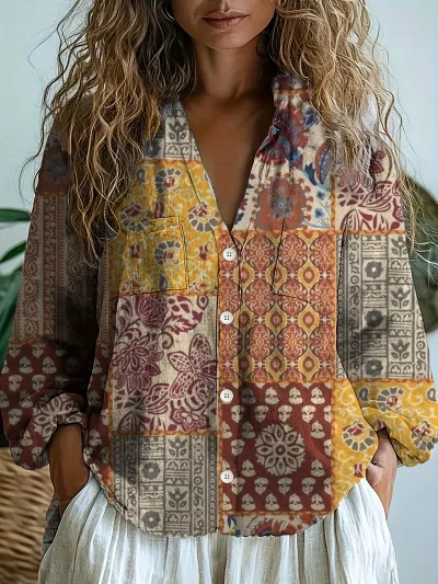 Women Fashion Casual Ethnic Geometric Print Lapel Long Sleeve Loose Blouse