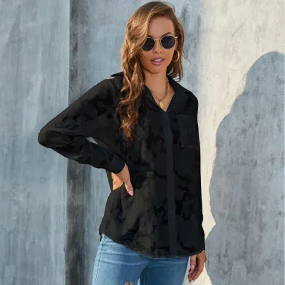 Women Fashion Casual Spring Chiffon Printed Lapel Long-Sleeve Loose Blouse