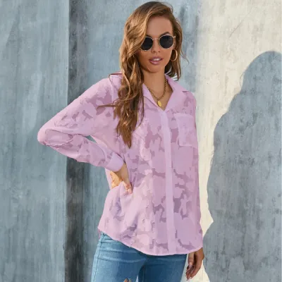 Women Fashion Casual Spring Chiffon Printed Lapel Long-Sleeve Loose Blouse
