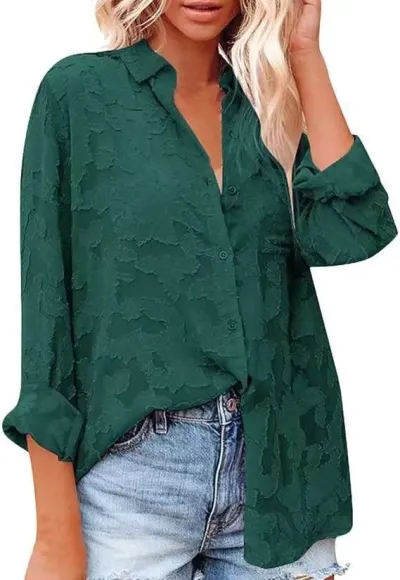 Women Fashion Casual Spring Chiffon Printed Lapel Long-Sleeve Loose Blouse