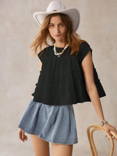 Women Fashion Casual Summer Solid Color Cotton Sleeveless Loose Blouse