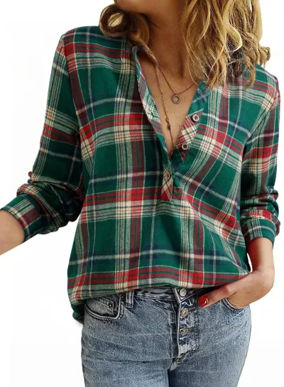Women Fashion Casual Spring Plaid Lapel Long-Sleeve Blouse