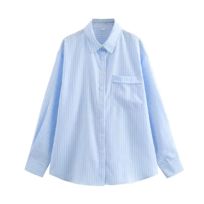 Women Fashion Casual Spring Solid Color Stripe Lapel Long-Sleeve Loose Blouse