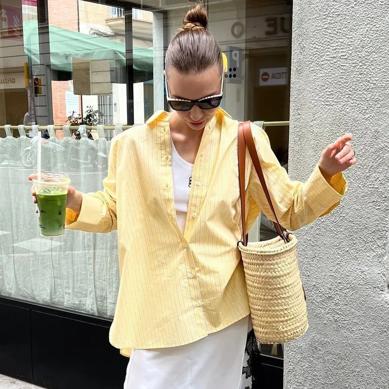Women Fashion Casual Spring Solid Color Stripe Lapel Long-Sleeve Loose Blouse