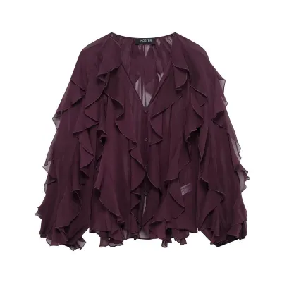 Women Fashion Elegant Spring And Summer Solid Color V-Neck Ruffled Long Sleeve Blouse