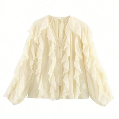 Women Fashion Elegant Spring And Summer Solid Color V-Neck Ruffled Long Sleeve Blouse