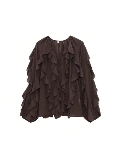Women Fashion Elegant Spring And Summer Solid Color V-Neck Ruffled Long Sleeve Blouse
