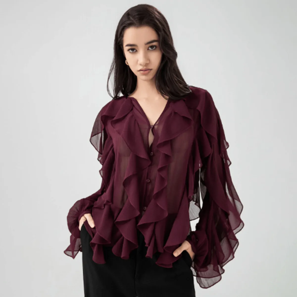 Women Fashion Elegant Spring And Summer Solid Color V-Neck Ruffled Long Sleeve Blouse
