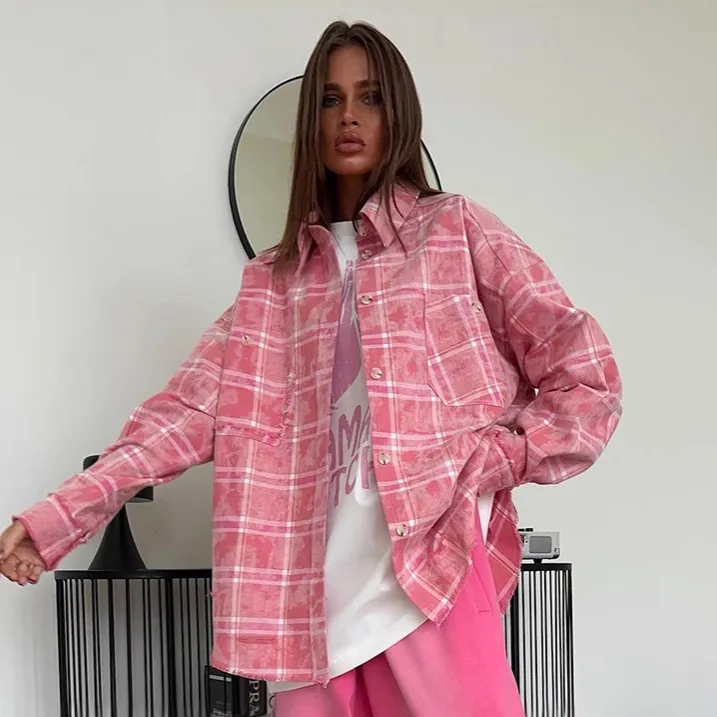 Women Fashion Casual Spring And Summer Plaid Lapel Long-Sleeve Loose Blouse