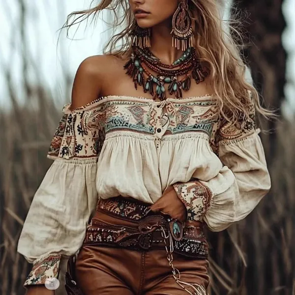 Women Fashion Sexy Boho Printed Off-Shoulder Long-Sleeve Blouse