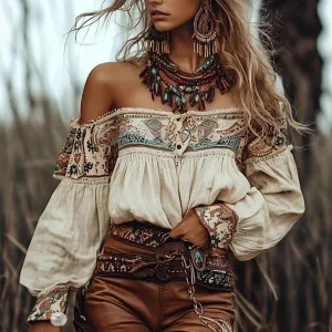 Women Fashion Sexy Boho Printed Off-Shoulder Long-Sleeve Blouse