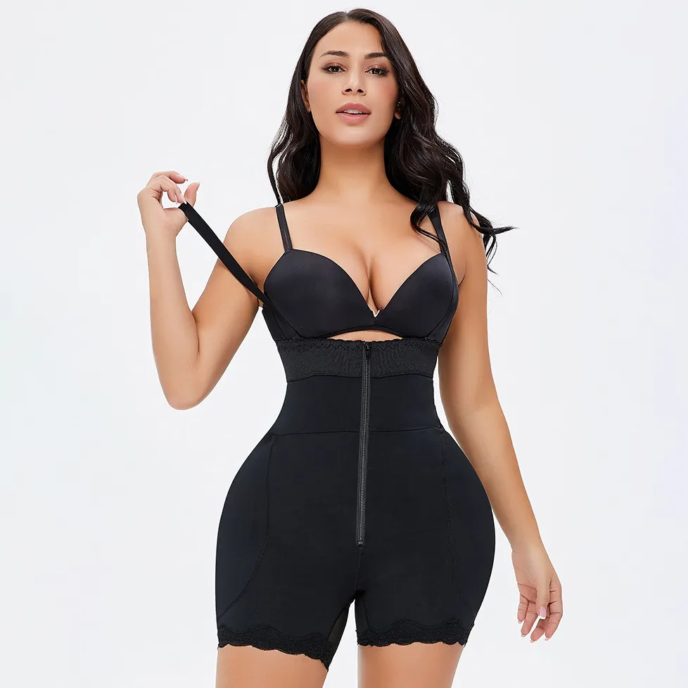 Women Fashion Solid Color Adjusting Strap Zipper Sponge Pad Thickened Bodysuit Shapewear