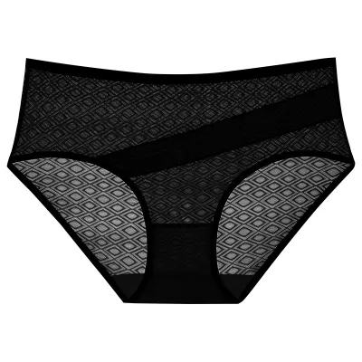 Women Fashion Sexy Color Block Mesh Breathable Mid-Waist Underwear