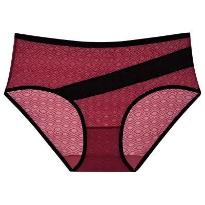 Women Fashion Sexy Color Block Mesh Breathable Mid-Waist Underwear