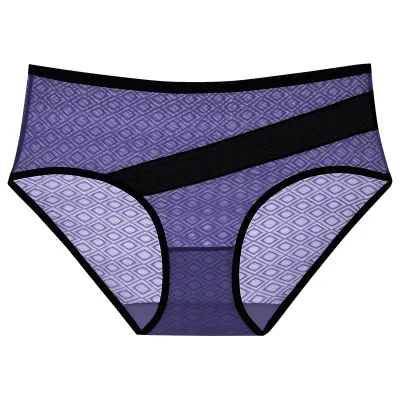 Women Fashion Sexy Color Block Mesh Breathable Mid-Waist Underwear