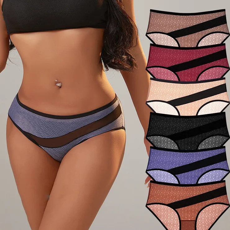 Women Fashion Sexy Color Block Mesh Breathable Mid-Waist Underwear