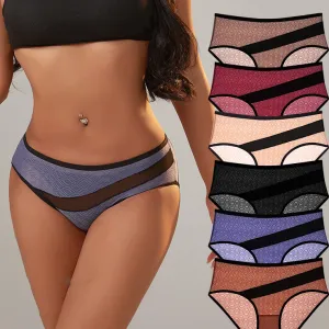 Women Fashion Sexy Color Block Mesh Breathable Mid-Waist Underwear
