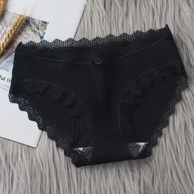 Women Fashion Sexy Solid Color Lace Threaded Mid-Waist Breathable Underwear