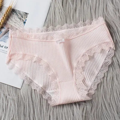 Women Fashion Sexy Solid Color Lace Threaded Mid-Waist Breathable Underwear