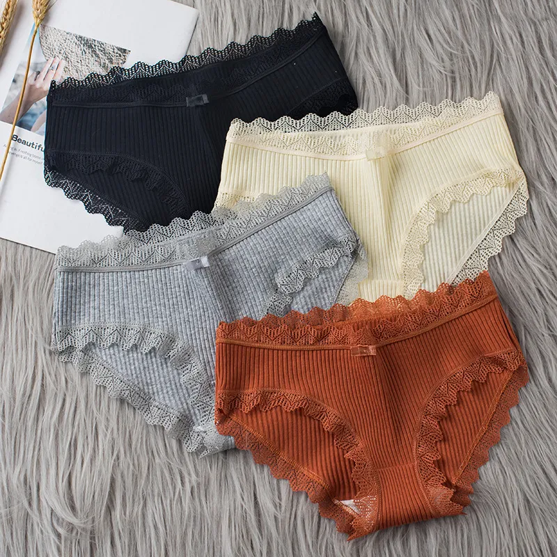 Women Fashion Sexy Solid Color Lace Threaded Mid-Waist Breathable Underwear