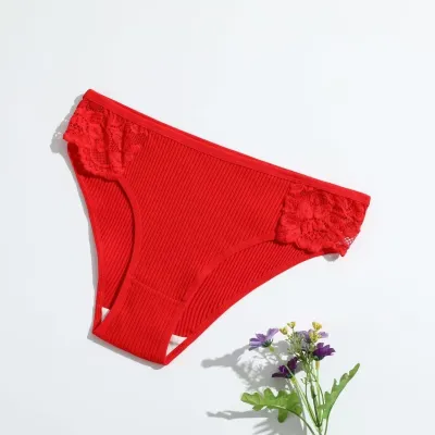 Women Fashion Sexy Solid Color Cotton Lace Threaded Low Waist Breathable Underwear