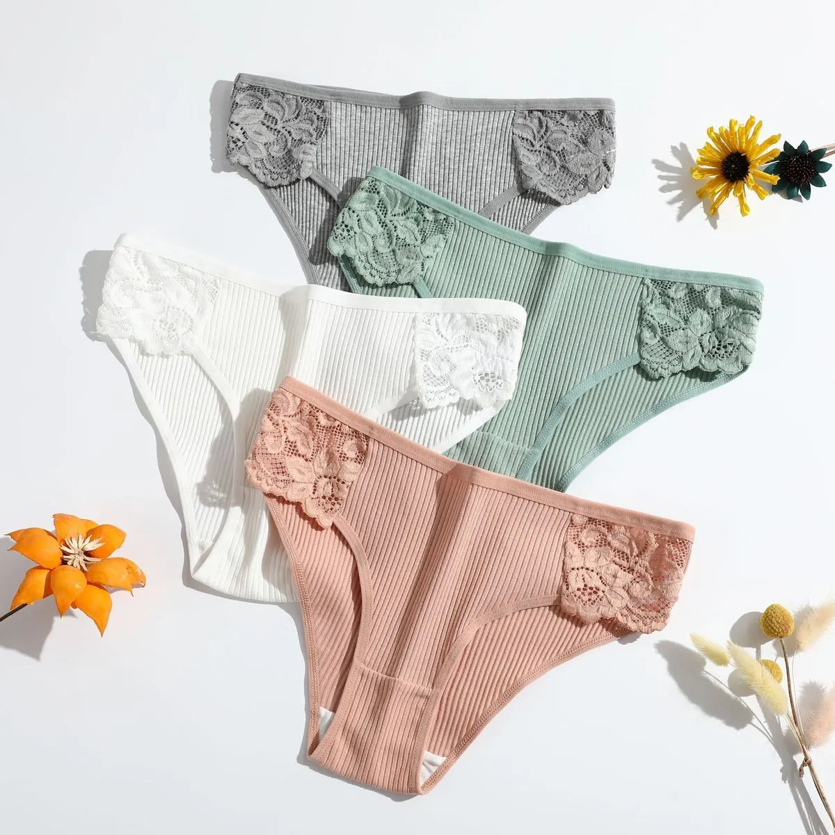 Women Fashion Sexy Solid Color Cotton Lace Threaded Low Waist Breathable Underwear